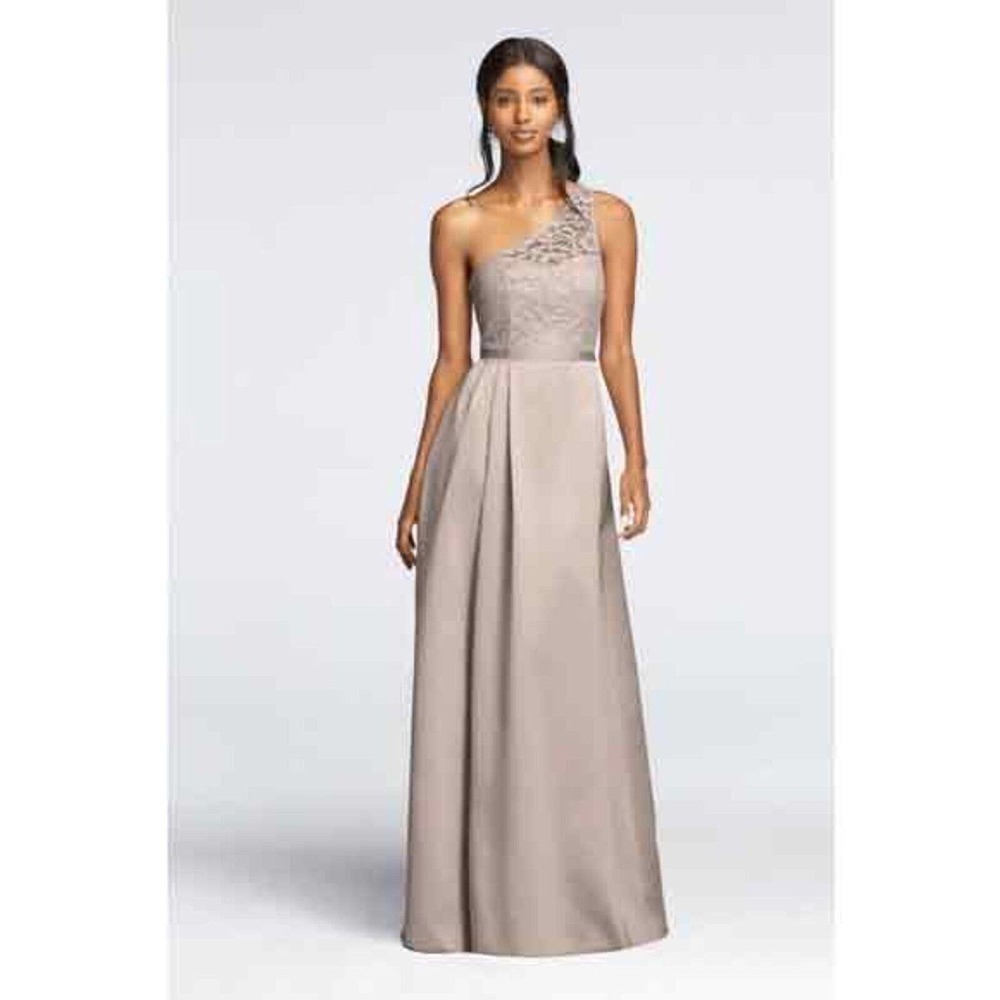 Davids Bridal One Shoulder Lace Long Dress Satin Pockets Biscotti Tan Size 4